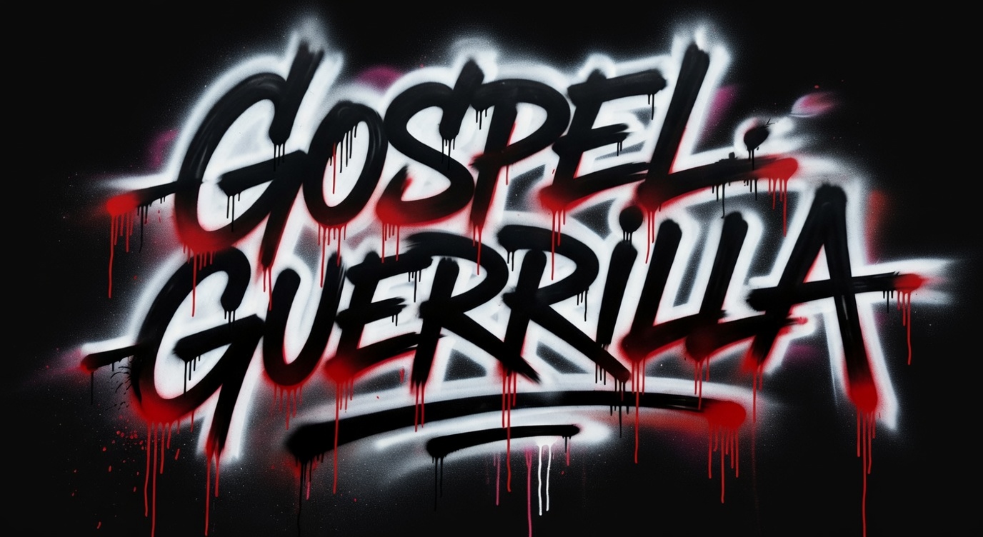 Graffiti signature of GOSPEL GUERRILLA in black, white and red spray paint style on black background