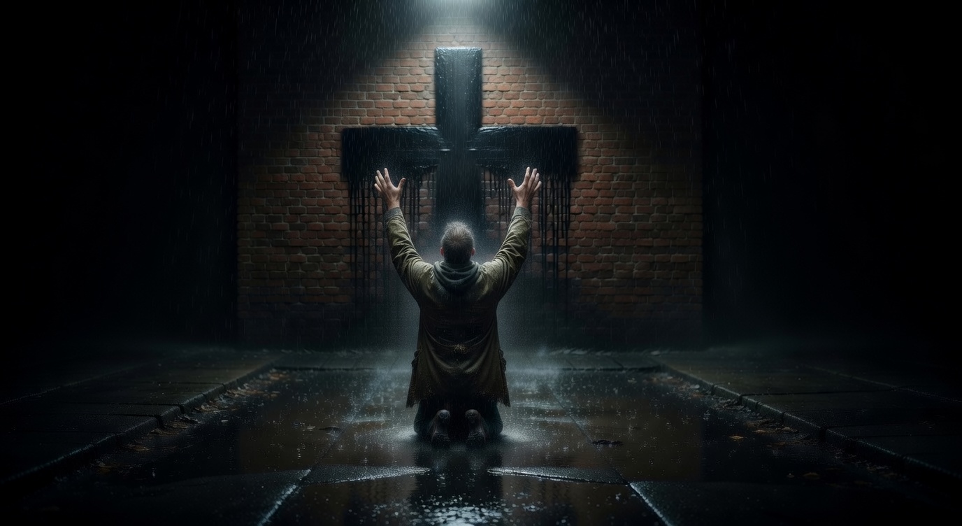 Gritty cinematic photorealistic urban night photography in heavy rain, a homeless-looking man in ragged clothes seen from behind kneeling on wet pavement facing a large black dripping cross painted on a brick wall, both arms lifted high toward the sky and cross in prayer with hands open, head lifted up looking toward the cross, bright light above the cross shining down illuminating the cross and the man, everything outside the light deep black and dark, wet reflective ground, raw desperate hopeful atmosphere of someone connecting with God through prayer