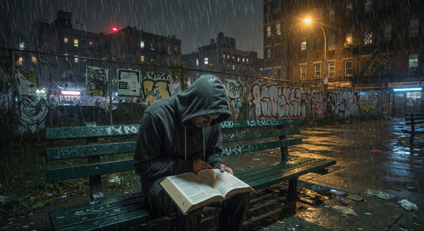 Gritty rainy urban park at night, person in hoodie sitting on park bench with head down holding an open bible, wet bench, city buildings and graffiti in background, raw searching for truth atmosphere