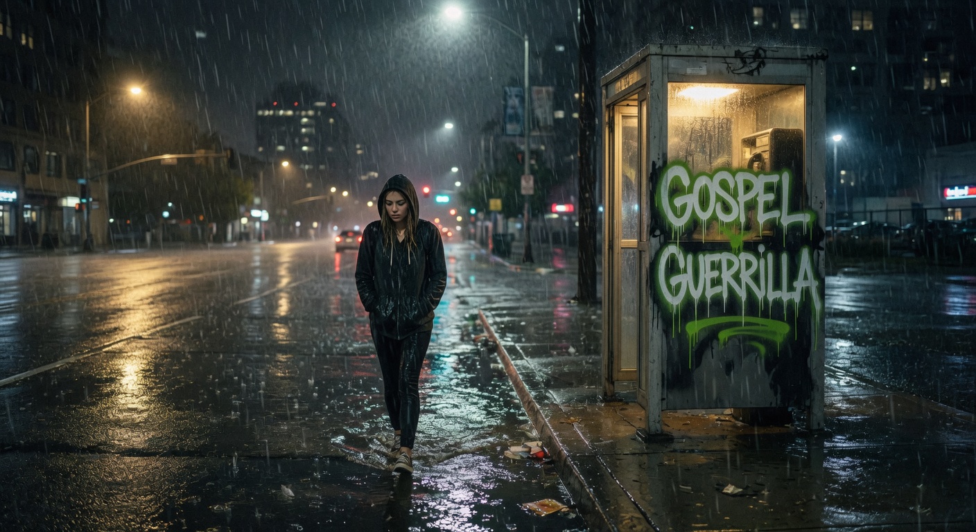 Gritty cinematic photorealistic urban night photography, dark open city road with wide sidewalk and breathing room (not a narrow alley), a young woman in a dark hoodie walking along the wet pavement beside the road at night, head slightly down in a searching way, a lit-up old phone booth on the side of the road glowing with warm interior light, "GOSPEL GUERRILLA" spray-painted in raw gritty dripping graffiti style on the side of the phone booth, heavy rain, wet reflective road and puddles catching the phone booth light and streetlights, open road feel with space and distant city buildings in the background, raw honest reaching-out atmosphere, same visual style and mood as the questions page bench hero, no cross, no bible, no other text or logos.
