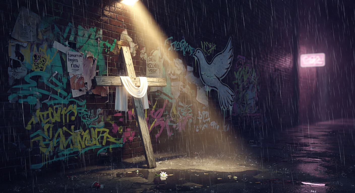 Gritty rainy urban alley at night with wooden cross and dramatic light beam, welcoming new beginning atmosphere
