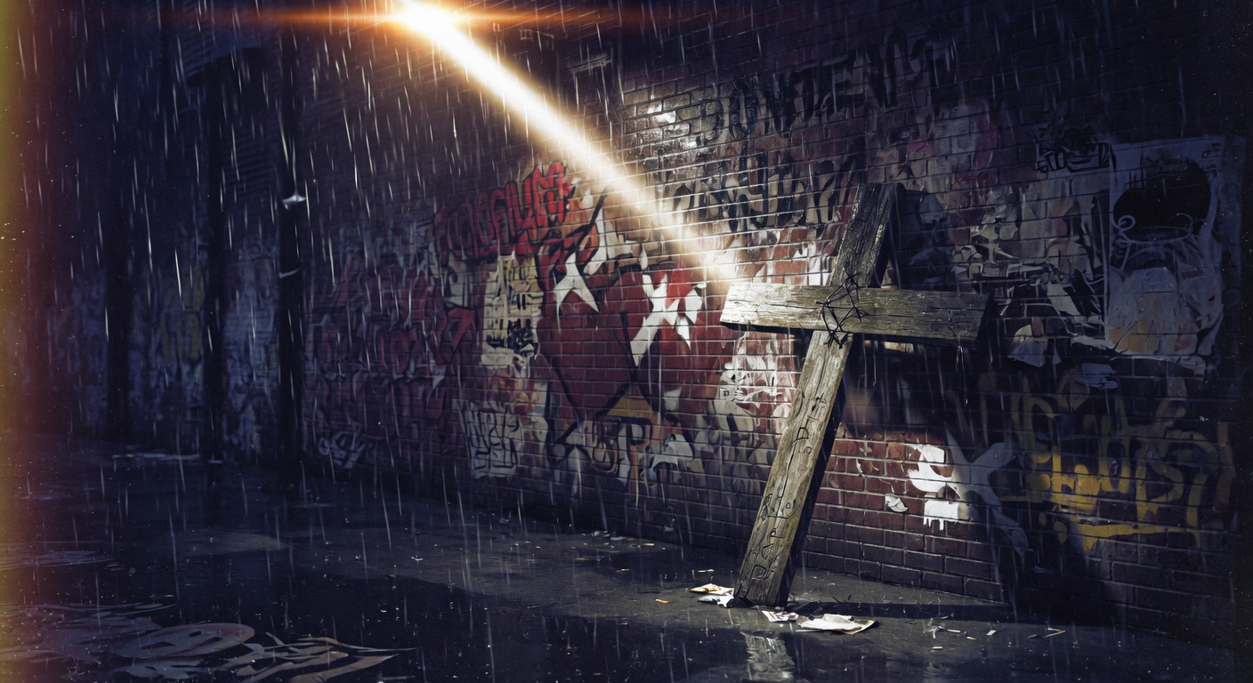 Rainy gritty urban alley at night with a wooden cross leaning against a graffiti-covered brick wall, dramatic light beam shining down, wet pavement and street art
